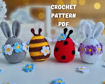 Easter Eggs Crochet Pattern, Flower Bunny ornament Amigurumi Bee crochet Lady bug crochet pattern, Spring Garden PDF tutorial Easter basket