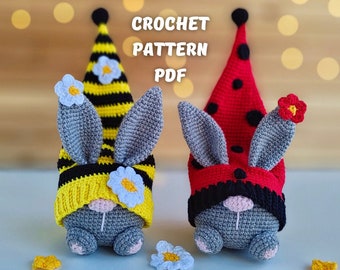 Crochet patterns Spring bunny, crochet beea amigurumi pattern Ladybug crochet Easterg nome amigurumi pattern with crohet flower Garden gnome