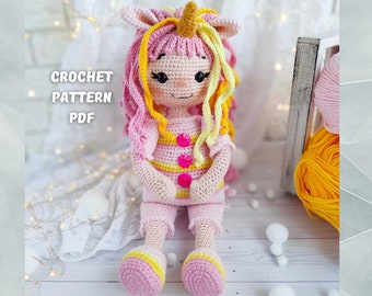 Unicorn Crochet Doll Pattern, Amigurumi princess, Animal doll crochet, English PDF File