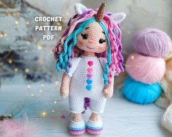 Unicorn Crochet Doll Pattern, Amigurumi princess, Animal doll crochet, English PDF File