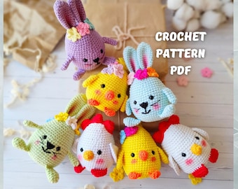 Crochet Easter Decorations PATTERN Bunnies, Chicks, Chickens, Eggs, Amigurumi crochet Easter toys, English PDF file, Easter ornaments