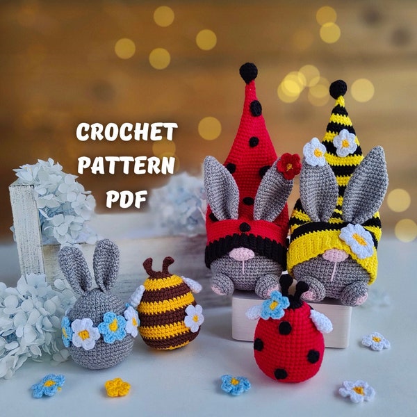 Easter Decorations Set Crochet Patterns, Spring Bunny, Amigurumi easter eggs pattern, Bee, Ladybug, Garden PDF tutorial