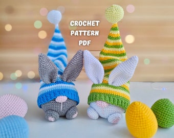 Patrones de crochet de conejito y huevo de Pascua, patrón PDF amigurumi de gnomo de crochet, patrones de gnomos de Pascua de crochet, decoración de Pascua de crochet