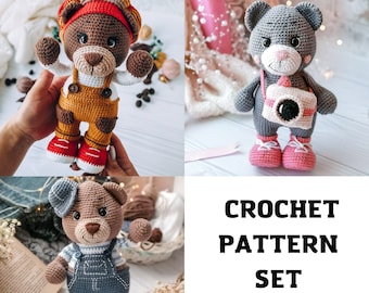 BEAR Set 3 in 1 Crochet Pattern Animals, Amigurumi Teddy Bear crochet, English PDF file, Crochet toy pattern
