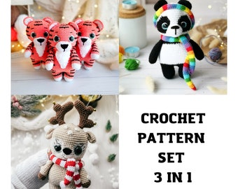 Crochet Toy Pattern: Tiger, Panda, Reindeer, Amigurumi Patterns Set 3 in 1, English PDF file