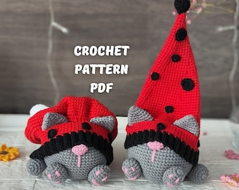 Crochet Сat gnome with Ladybug pattern, Gnome amigurumi pattern, crochet summer garden gnome pattern