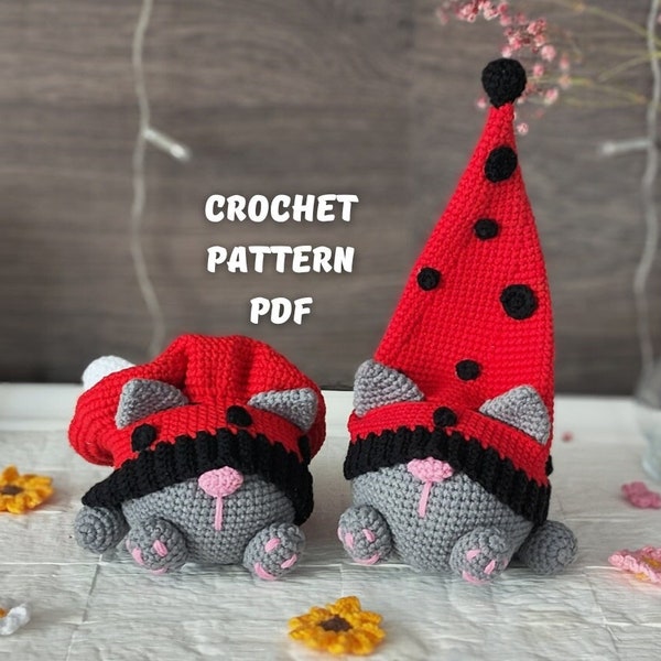 Crochet Сat gnome with Ladybug pattern, Gnome amigurumi pattern, crochet summer garden gnome pattern
