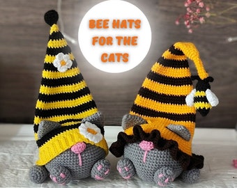 Crochet Bee hats for the Cats gnome pattern, Gnome amigurumi pattern, crochet bee garden gnome pattern with flowers