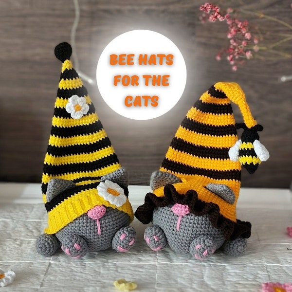 Crochet Bee hats for the Cats gnome pattern, Gnome amigurumi pattern, crochet bee garden gnome pattern with flowers