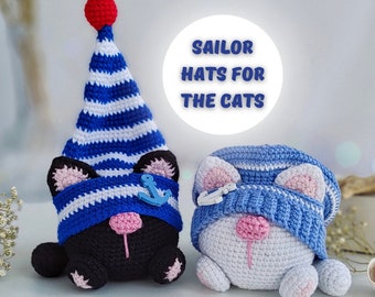Crochet pattern Sailor hats for cats gnome, Crochet Summer gnome amigurumi pattern, crochet gift for couple