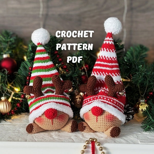 Crochet Christmas Deer gnomes Pattern, Amigurumi gnome Christmas toy English PDF,Holiday gnome decor