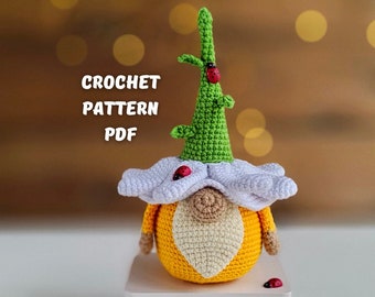Gnome Daisy crochet patterns, Amigurumi flower gnome spring garden English PDF tutorial, Crochet gnome pattern with crochet sunflowers