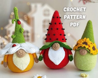 Crochet patterns Bundle Watermelon gnome, Spring gnome amigurumi, Daisy gnome garden with flowers