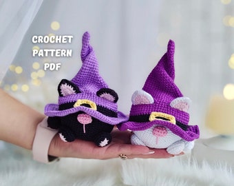 Crochet Halloween cats gnome pattern, Amigurumi gnome halloween toy English PDF, holiday gnome decor