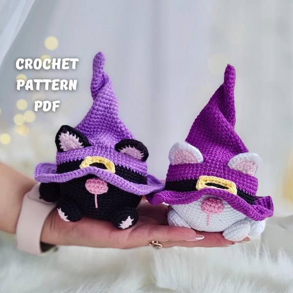 Crochet Halloween cats gnome pattern, Amigurumi gnome halloween toy English PDF, holiday gnome decor