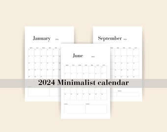 2024 Minimalist Black & White Calendar with Notes Section - Instant Download