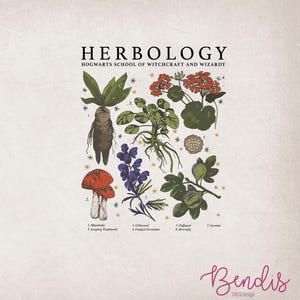 May include: An illustration of various plants and fungi from the Harry Potter universe. The image is titled "Herbology" and includes the text "Hogwarts School of Witchcraft and Wizardry". The plants are labeled with their names, including Mandrake, Leaping Toadstools, Gillyweed, Fanged Geranium, Paffapod, Shrivelig, and Aconite.