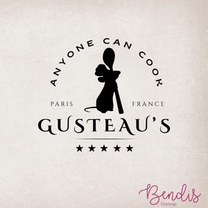 May include: Black and white logo featuring a silhouette of a rat chef holding a spoon and wearing a chef's hat. The text reads "Anyone Can Cook" above and "Gusteau's Paris France" below, with five stars. The logo is on a beige background.