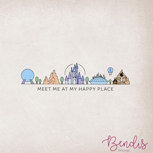 May include: A line drawing of various Disney World landmarks, including Spaceship Earth, Cinderella's Castle, and the Haunted Mansion. The text "Meet me at my happy place" is below the landmarks.