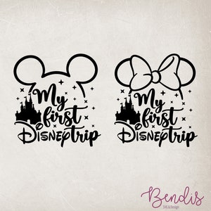 May include: Two black and white SVG cut files featuring Mickey Mouse and Minnie Mouse ears with a castle and the text "My first Disney trip".