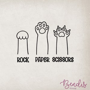 May include: Black and white line art illustration of a cat paw, a cat paw with claws, and a cat paw with a rounded top. The text "Rock Paper Scissors" is below the images.