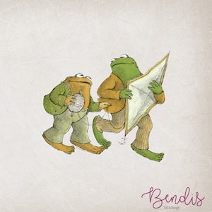 May include: Two green frogs, one holding a kite and the other holding a ball of yarn, are walking together. The frog holding the kite is wearing a yellow jacket and the frog holding the yarn is wearing a green jacket. The background is a light beige.