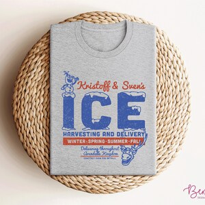 K&ouml;nnte beinhalten: Ein graues T-Shirt mit einem Vintage-Grafikdesign, das den Eisernte- und Lieferservice von Kristoff und Sven zeigt. Das Design enth&auml;lt ein Cartoon-Bild von Olaf und Sven sowie den Text "Kristoff & Sven's ICE HARVESTING AND DELIVERY WINTER SPRING SUMMER FALL! Delivering throughout Arendelle Kingdom CONTACT SVEN FOR DETAILS".