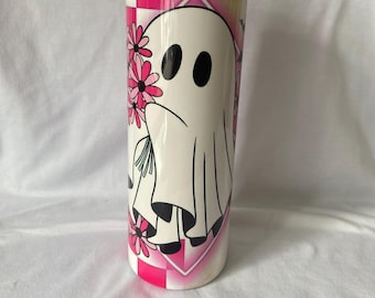 Karierter Geist Becher - Niedliche gruselige Halloween-Tasse mit Blumen, Fledermäusen und Gänseblümchen