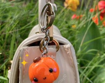 Handmade Pumpkin Charm, Cute Polymer Clay Keyring/Keychain, Autumn, Kawaii, Gift