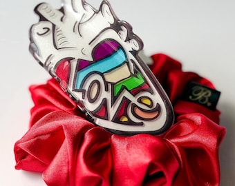 Anatomical Heart Hair Clip & Satin Scrunchie Set, Hair Tie Accessory Bundle, Nurse Gift for Her, Rainbow Hair Claw Set, Alt Girl Gift