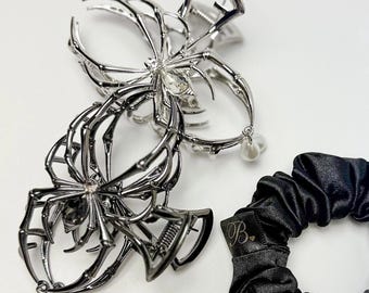 Spider Hair Claw Clip in Gunmetal or Silver + Handmade Satin Scrunchie Gift Set, Gothic Hair Accessories for Women, Halloween Gift for Her