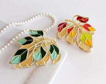 Metal Hair Claw Clip, Gold Leaf Hair Clip, Enamel Botanical Hair Claw, Leaf Hair Accessory