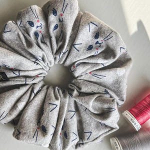 XL Gray Kitty Scrunchie: Handmade Cotton Flannel Hair Tie