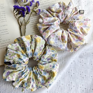 XL Floral Scrunchie Set, Oversized Hair Ties for Thick Hair, Handmade Cottagecore Hair Accessory, Soft Vintage-Inspired Gift for Her