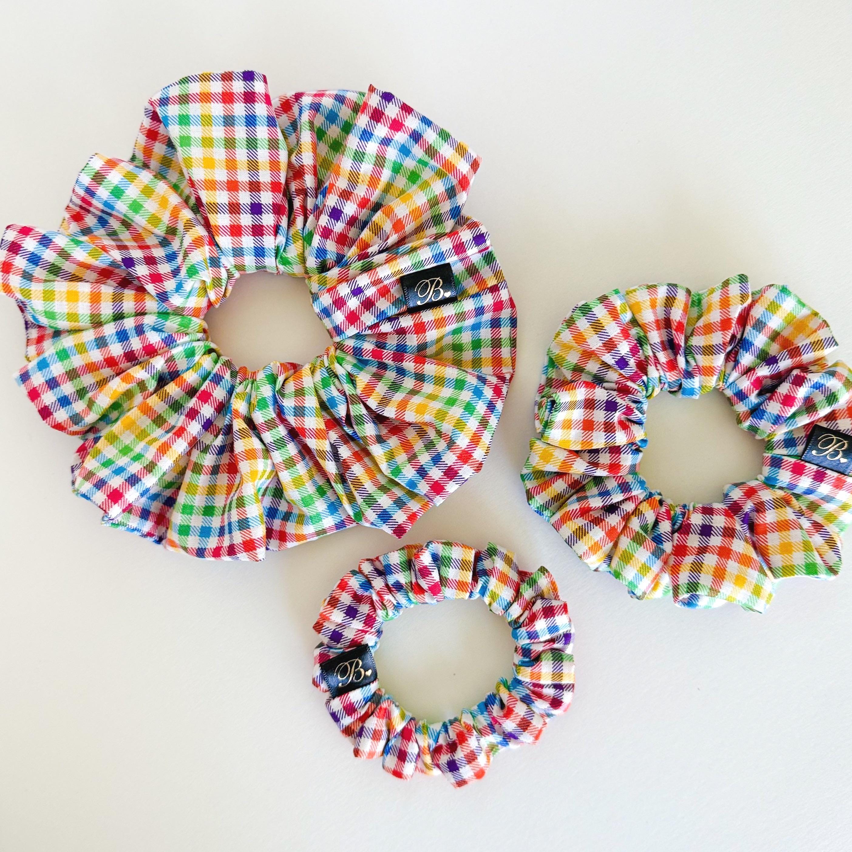 Gingham Scrunchie, Rainbow Hair Tie, Colorful Handmade Hair Accessory, Checkered Scrunchie for Messy Bun & Ponytail, Cute Gift for Her Hair