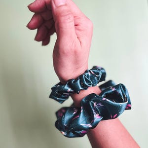 Green Floral Satin Scrunchie, Vegan Silk Hair Tie, Teal Botanical Hair Accessory, Handmade Gift for Her, Soft Hair Elastic for Messy Bun