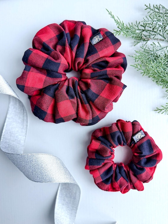 Red and Black Plaid Hair Scrunchie Red Buffalo Plaid Hair Scrunchie L Red and Black Scrunchie L  main image 2