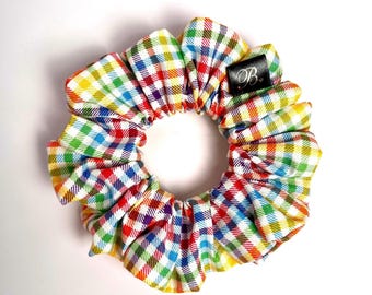 Rainbow Gingham Scrunchie, Colorful Plaid Cotton Hair Accessory, Handmade in California