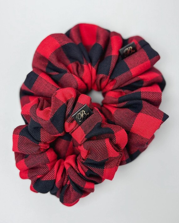 Red and Black Plaid Hair Scrunchie Red Buffalo Plaid Hair Scrunchie L Red and Black Scrunchie L  main image 3