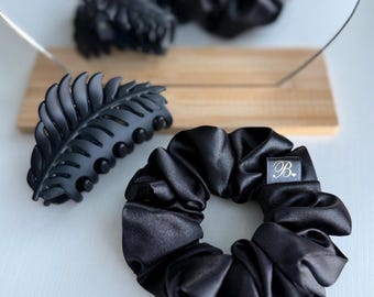 Leaf Hair Claw Clip & Handmade Satin Scrunchie Set: Dark Botanical Hair Accessories