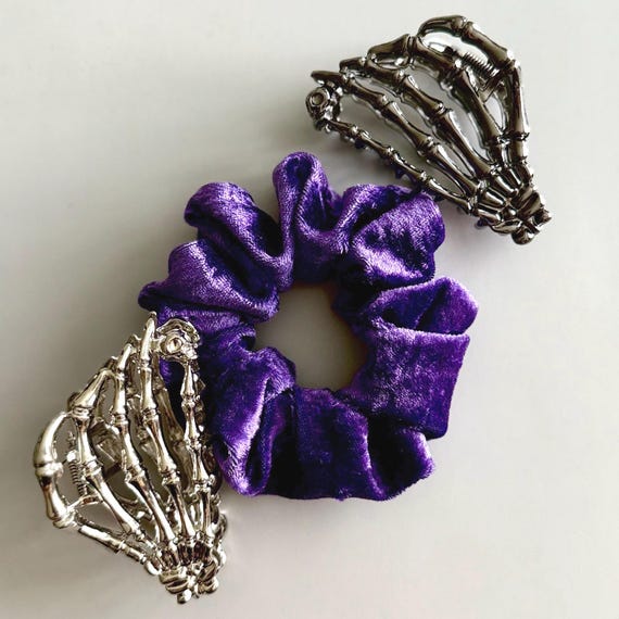 Gothic Skeleton Claw Clip & Purple Velvet Scrunchie Set