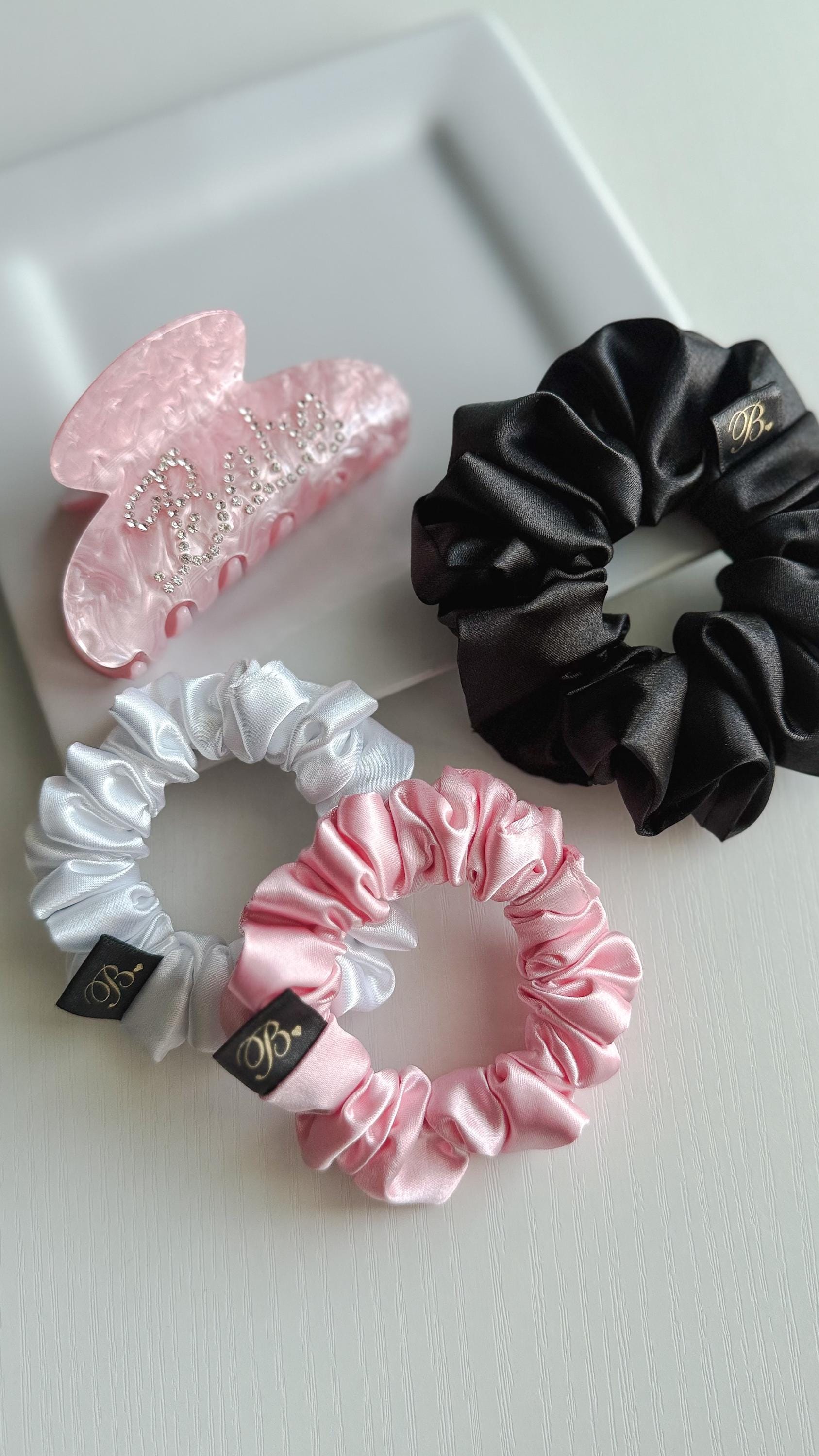 Rhinestone Hair Claw and Satin Scrunchie Gift Set: Pink Babe Hair Clip with Handmade Scrunchies