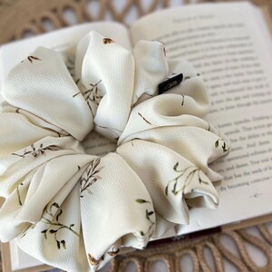 Boho Floral Scrunchie - Silky White Hair Tie, Botanical Print image 4