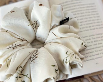 Boho Hair Scrunchie, Cream Botanical Hair Tie for Thick Hair, Silky Handmade Hair Accessory, Luxe Gift for Her, Messy Bun Ponytail Holder