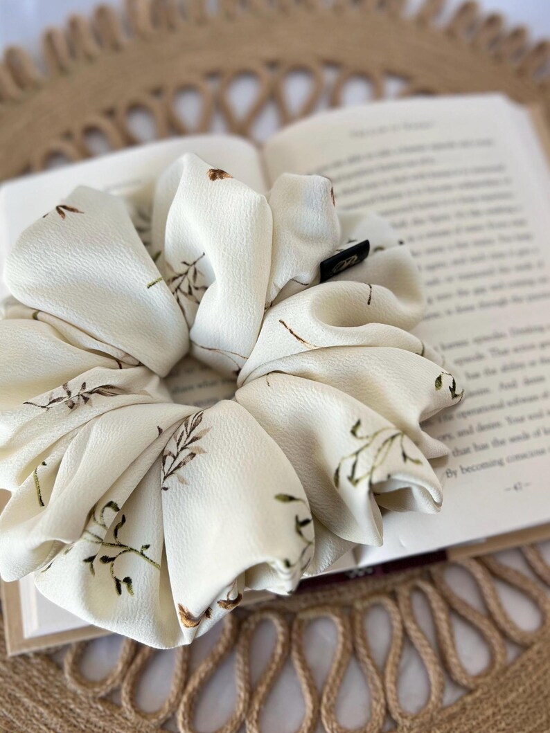 Boho Floral Scrunchie - Silky White Hair Tie, Botanical Print image 4