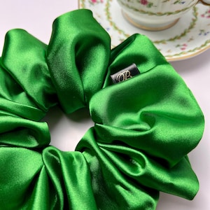 XL Green Satin Scrunchie - Jumbo Emerald Hair Tie for Thick Hair and Bold Style