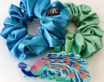 Peacock Hair Claw Clip Gift Set: Handmade Satin Scrunchies, Colorful Hair Accessories