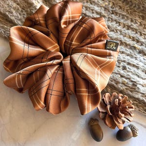 Plaid Satin Scrunchie: Handmade Brown Silky Hair Tie in 3 Sizes