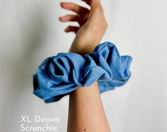 XL Denim Scrunchie, Oversized Blue Cotton Hair Accessory, Handmade in California