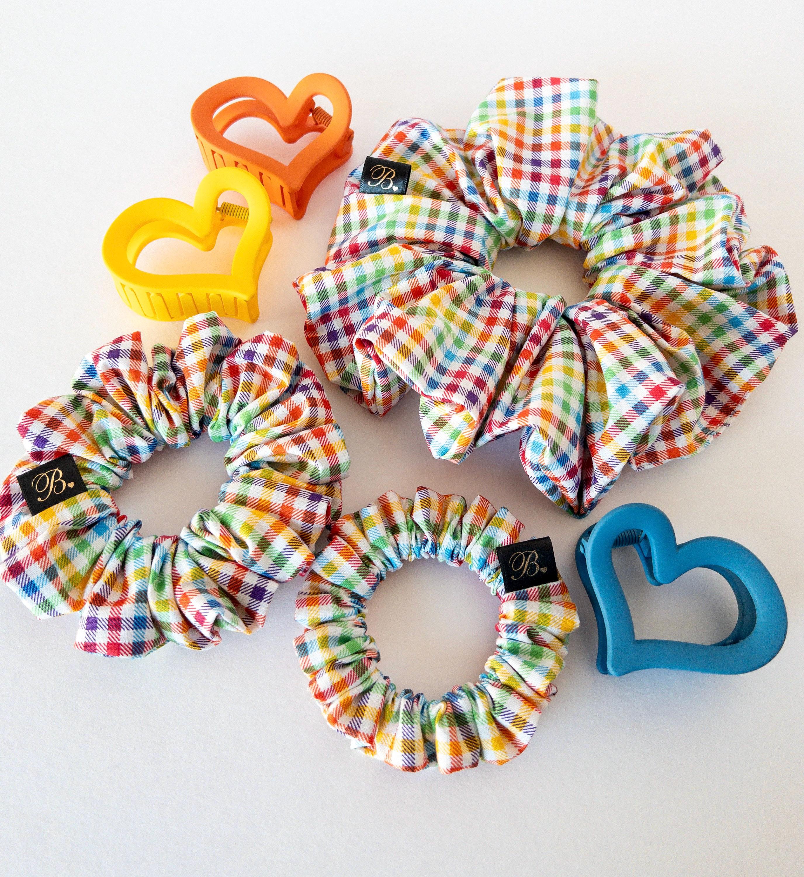 Rainbow Gingham Scrunchie: Handmade Cotton Hair Tie for Ponytails, Buns, and Everyday Wear
